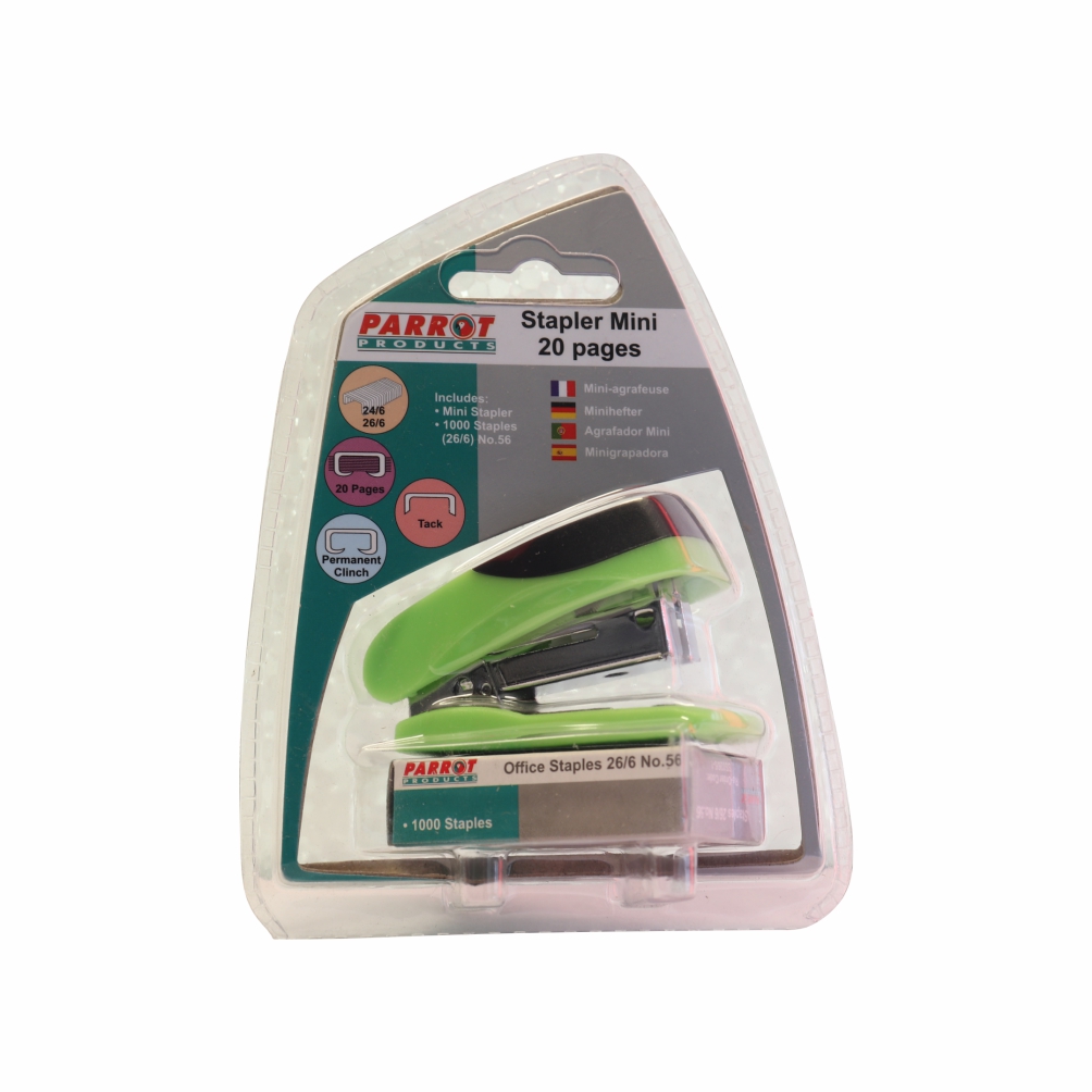 STAPLER PLASTIC MINI GREEN + STAPLES (1000×26/6)