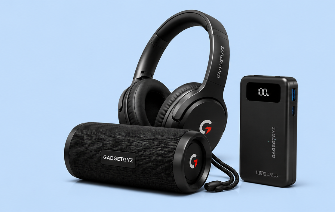 GadgetGyz headphones, speaker and power bank
